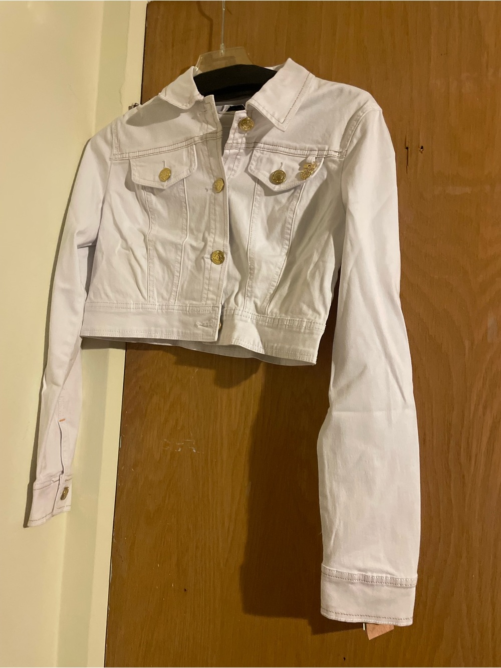NWT Cropped White Women's Denim Jacket with Gold Buttons